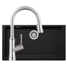 汉斯格雅（Hansgrohe）水槽柏墨斯石英石水槽厨房龙头套组洗碗池水池石英石大单槽 至尊黑43122170+双速抽拉龙头