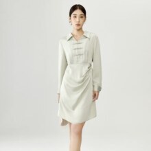 PLUS会员：DUSHU 独束 简约缎面新中式连衣裙 复古盘扣A字裙 两色