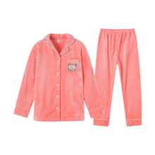 芬腾睡衣女冬季新品法兰绒开衫长袖纯色翻领家居服套装 虾粉 L