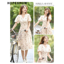 PLUS会员：HOPESHOW 红袖 印花高级感 V领连衣裙 米底花611