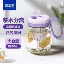 高硼硅玻璃！Haers 哈尔斯 茶水分离带吸管高硼硅玻璃杯 850ml