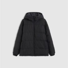 Plus:Gap  新款徽章logo抽绳立领连帽羽绒服纯色外套677652 黑色