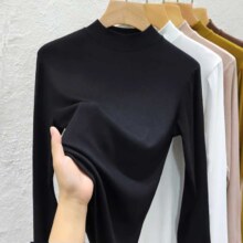 莫代尔 洋气打底衫女内搭西装春秋季白色小立领半高领修身长袖T恤上衣