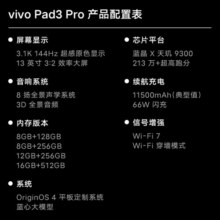 vivo Pad3 Pro 13英寸 蓝晶×天玑9300平板电脑 144Hz护眼屏 11500mAh电池 16+512GB 薄霞紫vivopad3pro