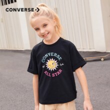 Converse 匡威童装女童纯棉短袖夏季儿童针织休闲上衣 正黑色 110S(4T)