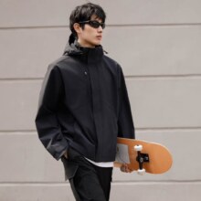 Plus:京东京造 夹克外套男户外出行美式复古风工装休闲宽松连帽 黑色 L