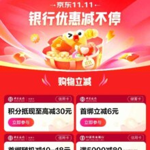 促销活动：京东 双11 银行支付会场 各大银行购物立减&分期购物权益 应有尽有