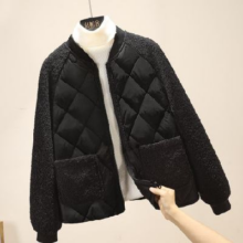 闭眼买：丝柏舍 秋冬新女时尚颗粒绒拼接棒球服棉衣 黑色/米色 S-2XL