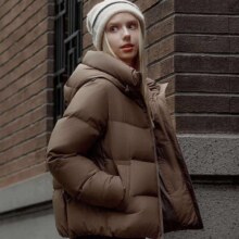 PLUS会员：坦博尔 羽绒服女短款连帽百搭秋冬保暖小个子女士外套330332J焦栗褐165