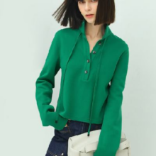 COCOBELLA 飘带绿色短款POLO衫女秋宽松休闲翻领长袖上衣TS508W