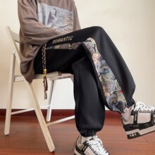 引异国风潮男裤字母刺绣小熊休闲裤男夏季新款青少年大码束脚长裤 黑色 L