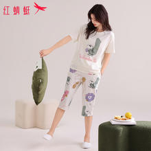 红蜻蜓 女士卡通字母短袖七分裤纯棉家居服套装