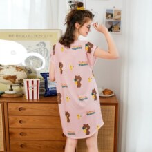 芬腾 睡衣女纯棉秋季季布朗熊IP款睡裙全棉圆领套头家居服 灰兰-款1 M