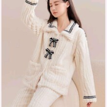 都市丽人 睡衣 冬季女款 加绒加厚防羊羔绒开衫套装 秋冬款家居服
