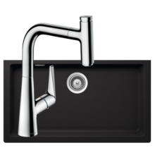 汉斯格雅（Hansgrohe）水槽柏墨斯石英石水槽厨房进口龙头套组洗碗池水池石英石大单槽 至尊黑+抽拉龙头