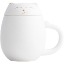 南山先生 招财猫陶瓷马克杯带盖大容量定制办公室泡茶杯茶水分离防烫便携高颜值简约送礼 招财猫白色-带过滤