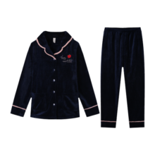 芬腾睡衣女冬季新品法兰绒开衫长袖纯色翻领家居服套装 深兰 M