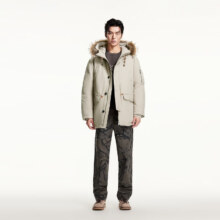 PLUS会员：JACK&JONES 杰克琼斯 冬季时三防连帽大毛领中长款工装羽绒服 卡其色
