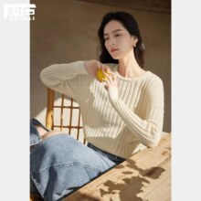 对白 2024春秋装 侧开叉毛衣女式圆领长袖针织衫