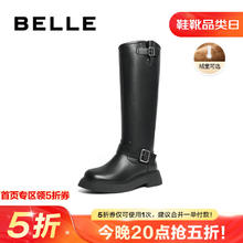 BeLLE 百丽 机车风骑士靴女23冬季扣带牛皮高筒靴B1617DG3 黑色-绒里 35