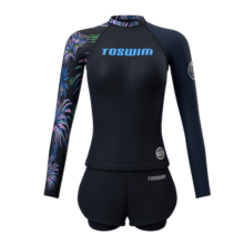 TOSWIM拓胜分体泳衣女长袖保守显瘦冲浪服温泉保暖度假游泳衣 深邃密叶L