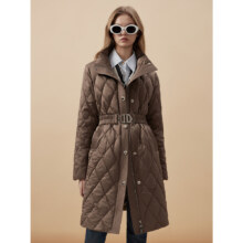 DKNY高领菱格绗缝扣式腰带长款女羽绒服 90白鸭绒