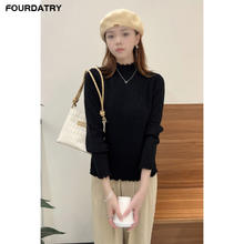 FOURDATRY 一体绒打底衫女2024秋冬木耳边半高领加绒保暖内搭毛衣针织衫上衣
