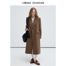 VEGA CHANG 羊毛人字纹 双排扣复古大衣 果壳棕