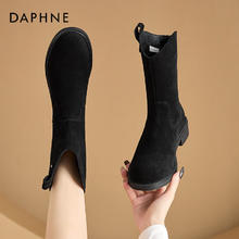 DAPHNE 达芙妮 二层牛皮短靴女百搭粗跟平底马丁靴女3123605052 黑色/单里 39
