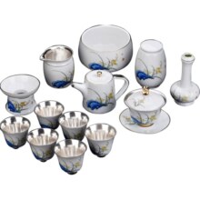 容山堂固德玉瓷鎏银茶壶公道杯盖碗茶杯花瓶茶洗整套功夫茶具套装