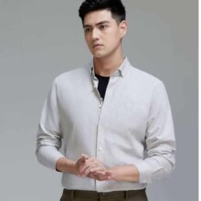 金利来 秋季新款长袖衬衫男时尚细格纹狮子绣章商务休闲衬衣 38-浅灰格
