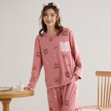 芬腾 女士睡衣纯棉秋季新款小熊印花圆领套头简约可爱女士家居服套装 深粉 M