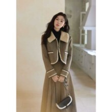谜秀 女士时尚套装 秋冬加厚夹棉拼毛上衣外套+半身裙