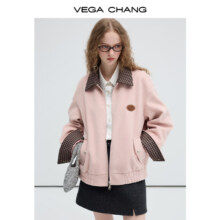 20点开始：VEGA CHANG 撞色格子翻领毛呢短外套女 粉色 V24400178TZ