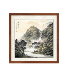 尚得堂手绘玄关山水画客厅办公室挂画水墨画中式装饰画源远流长斗方国画 沙比利实木框-直角原木色 装裱65*65