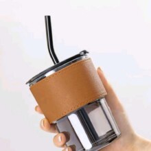 玻璃咖啡杯(含吸管+杯盖+皮套) 450ml