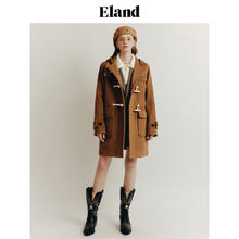 E·LAND 衣恋 ELAND衣恋毛呢外套牛角扣羊毛大衣学院风外套女100%绵羊毛 卡其色