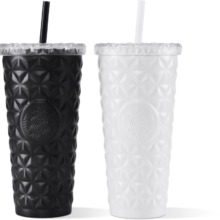 4日20点、PLUS会员：星巴克（Starbucks） 月光对杯 白色款 菱格纹不锈钢吸管杯 591ml