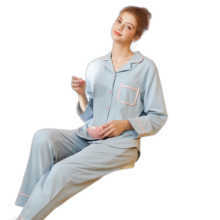 芬腾 睡衣女纯棉秋季新款简约纯色翻领长袖开衫家居服套装 浅兰 XXL
