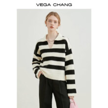 31日20点开始：VEGA CHANG 毛衣女款 高级感polo领学院风条纹针织衫 米黑条纹 均码