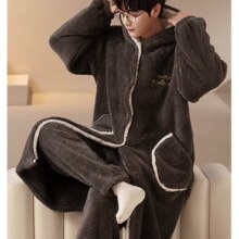 猫人  男冬季珊瑚绒加厚加绒纯色连帽可外穿家居服