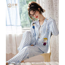 宫蝶 24年秋季新品史努比睡衣女春秋抗菌纯棉长袖蓝色格子家居服套装 GD-SNB066（史努比格子套装） XL(建议120-140斤)