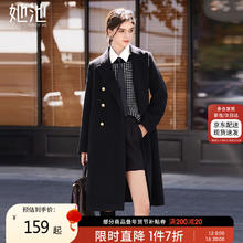 她池 学院风毛呢子大衣女2024冬装新款西装领中长款双排扣宽松外套