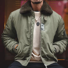 马登 美式复古B15飞行员夹克加厚翻毛领外套保暖棉服男秋冬 绿色 L