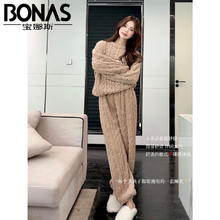 BONAS 宝娜斯 仙女印花珊瑚绒套装外穿秋冬宽松束脚松紧腰懒人睡裤家居睡衣 咖啡色-小狗提花 均码