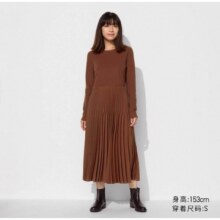 优衣库 女装拼接连衣裙 针织拼接长款喇叭打褶裙子
