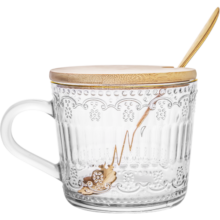 乐唯诗（NERVISHI）玻璃牛奶杯北欧浮雕风简约玻璃杯早餐杯玻璃水杯牛奶杯玻璃茶杯子 1只 浮雕早餐杯带盖勺