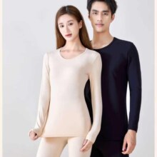 罗蒙德绒发热保暖内衣男士含羊绒蚕丝抑菌秋衣秋裤加绒加厚圆领套装 黑色(女) L (男100-130/女100-120斤)