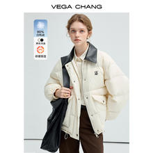 VEGA CHANG 羽绒服女2024年冬季拼接皮领90白鸭绒黑色保暖外套 浅露杏 S