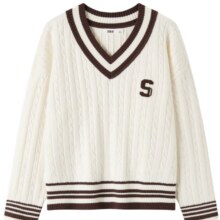 PLUS会员：森马（Semir）毛衣女撞色V领宽松落肩冬季绞花上衣复古